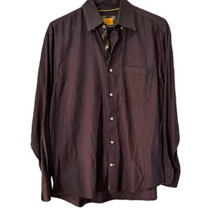 ROBERT TALBOT CARMEL Button Down Shirt with Plaid Contrast Button Placard - L